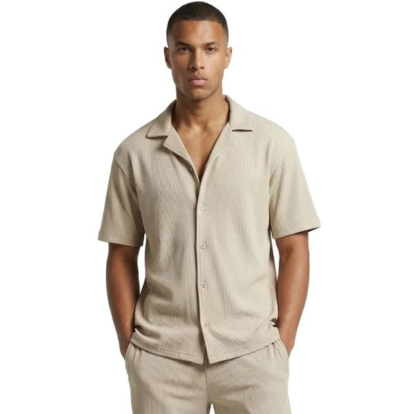 Malelions Men Ribbed Camp Collar Shirt | Light Taupe